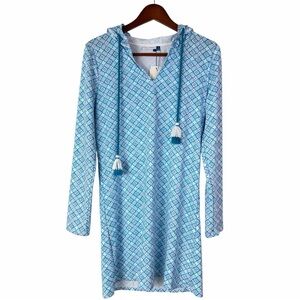 NWT Cabana Life Blue Pink White Preppy Geo Hooded Cover-Up Dress Cover Up Small